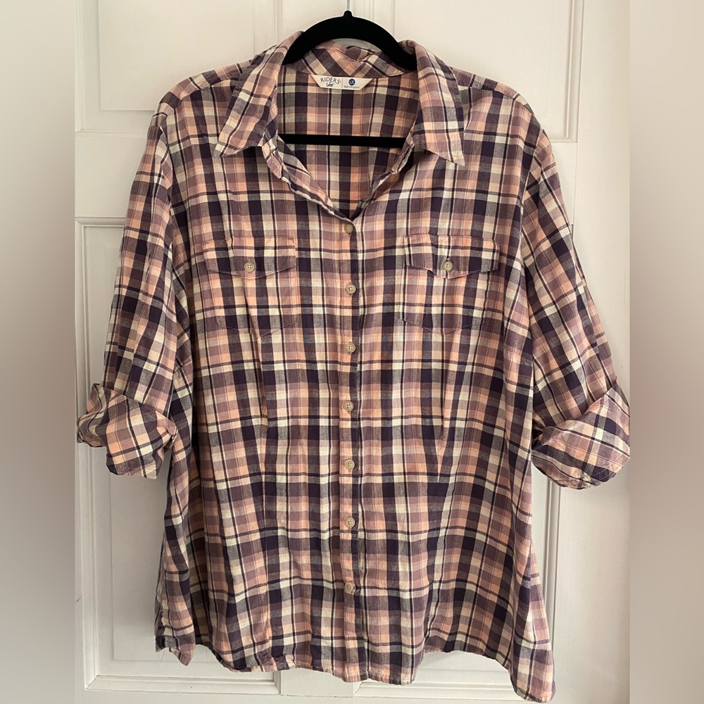 Riders by Lee 100%‎ Cotton Pink and Purple Plaid Button-Up 3/4 Shirt Size 2X B